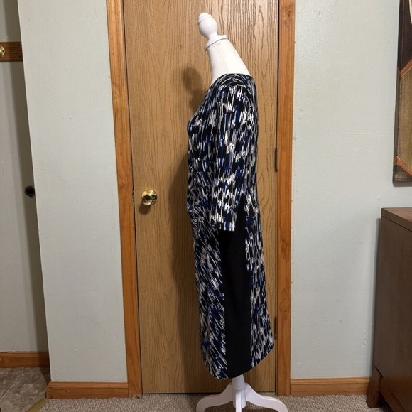 Kasper Size 8 Multi-Color w/Geometric Print 3/4 Sleeve Mid-Calf Sheath Dress - Picture 2 of 5